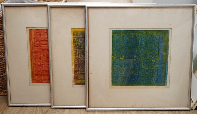 Three colour screen prints, Abstract compositions, including one by Kay Homewood and one by Margaret Foy, each signed, 33 x 32cm. Condition - fair